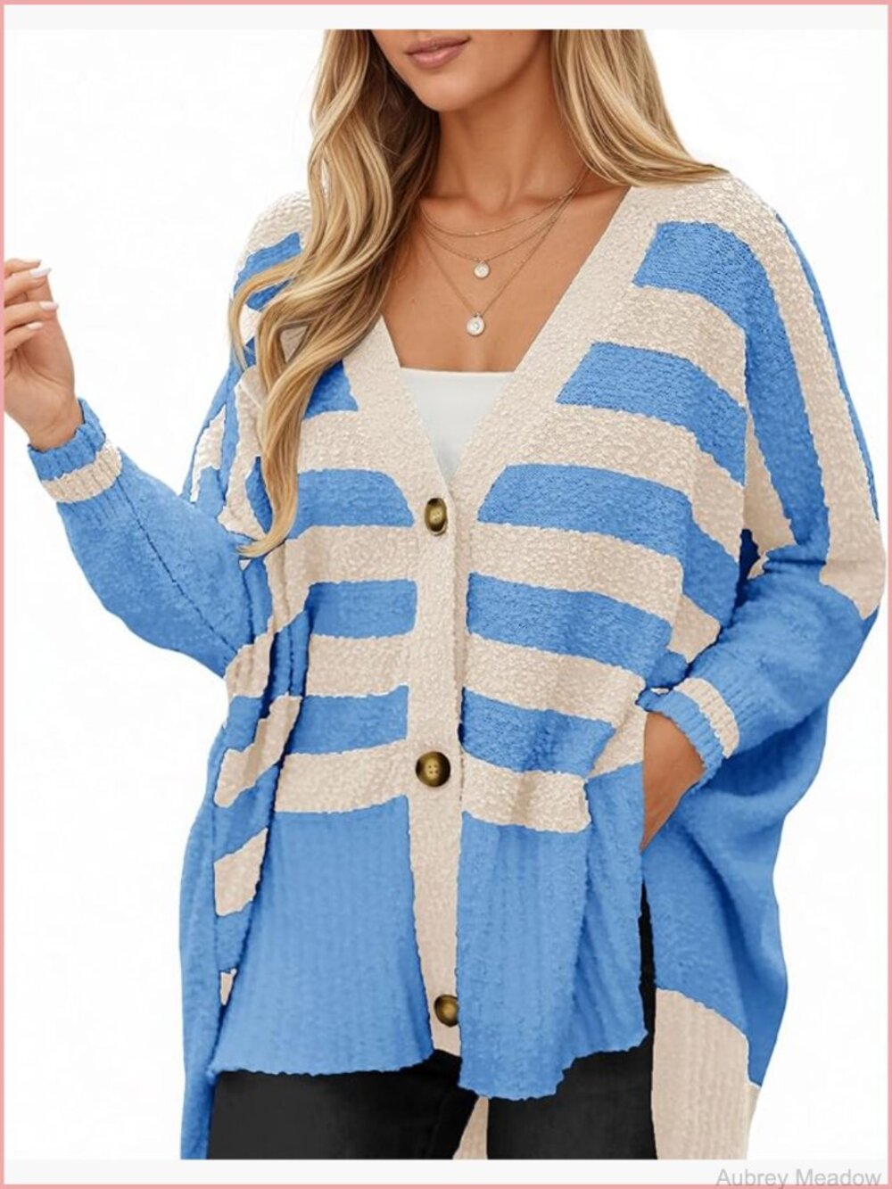 Oversized Striped Cardigan Sweater V-Neck Fuzzy Knit Button Up Side Slit
